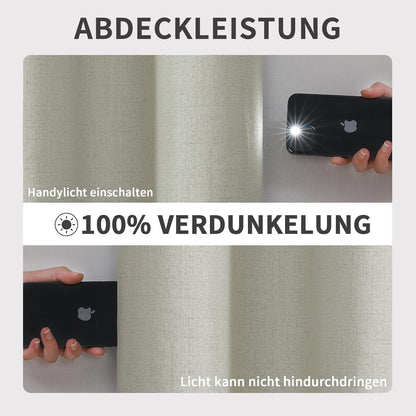 Joydeco 100% blackout curtains with grommets, linen look, 2 pieces. Blackout curtain linen thermal curtain heat protection, insulated coating backing layer for bedroom living room.