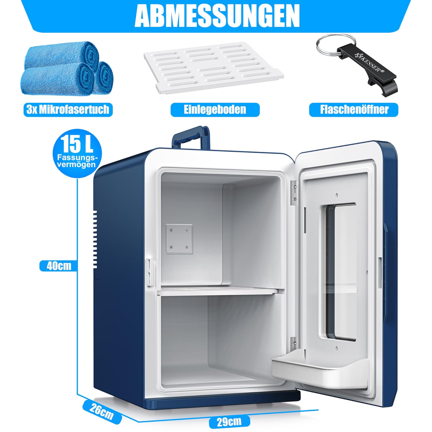 KESSER 2in1 Mini Fridge Cooler 15 liters with cooling and heating function. Portable with AC DC 220-240V/12V plug and car lighter. Keeps food warm. Perfect for car, office, room, camping, and garden in navy blue color.