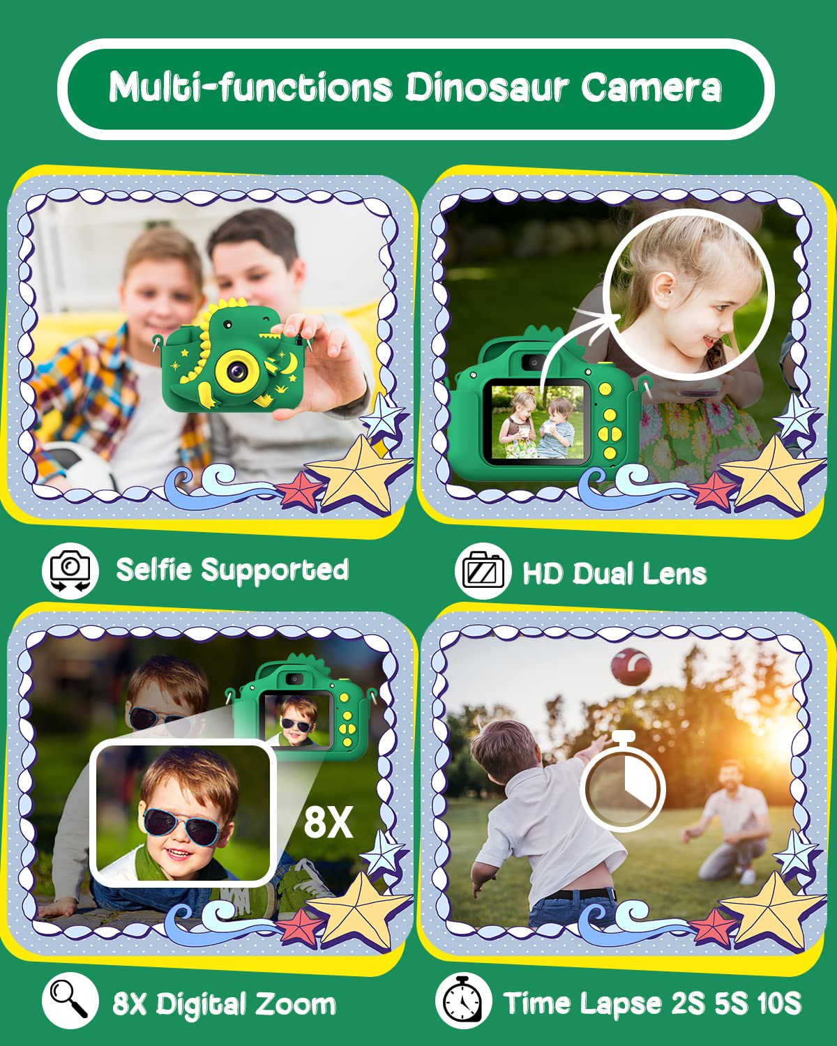 GREENKINDER Kids Camera, 2.0" Screen Children's Camera with 32GB Card, 20MP & 1080P HD Selfie Digital Camera for Kids, Dinosaur Gifts for 3-12 Year Old Boys and Girls