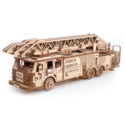 MagicWood - Mechanical 3D Puzzle Wood Fire Truck - DIY wooden puzzle kit for adults & kids - model kit to assemble without tools & glue - wooden construction kit