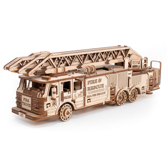 MagicWood - Mechanical 3D Puzzle Wood Fire Truck - DIY wooden puzzle kit for adults & kids - model kit to assemble without tools & glue - wooden construction kit