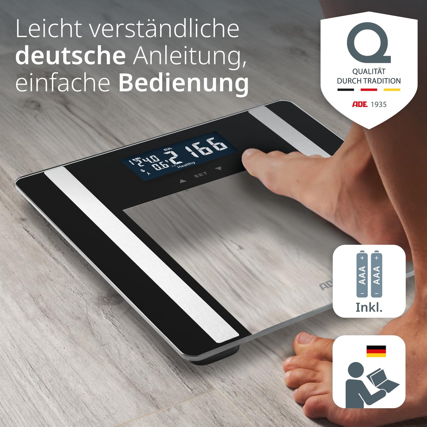 ADE Digital Body Fat Scale Ines up to 200 kg | Best in Test 2024 | Body scale with body fat analysis, BMI, muscle mass, body water, weight, BMR | Scale with user recognition | black