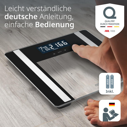 ADE Digital Body Fat Scale Ines up to 200 kg | Best in Test 2024 | Body scale with body fat analysis, BMI, muscle mass, body water, weight, BMR | Scale with user recognition | black