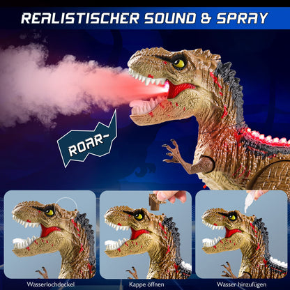 BAZOVE 2.4GHz remote control dinosaur toy with 360° spin stunt, spraying function, roaring, and LED light, electronic T-Rex dino toy gift for boys girls 3+ years old.