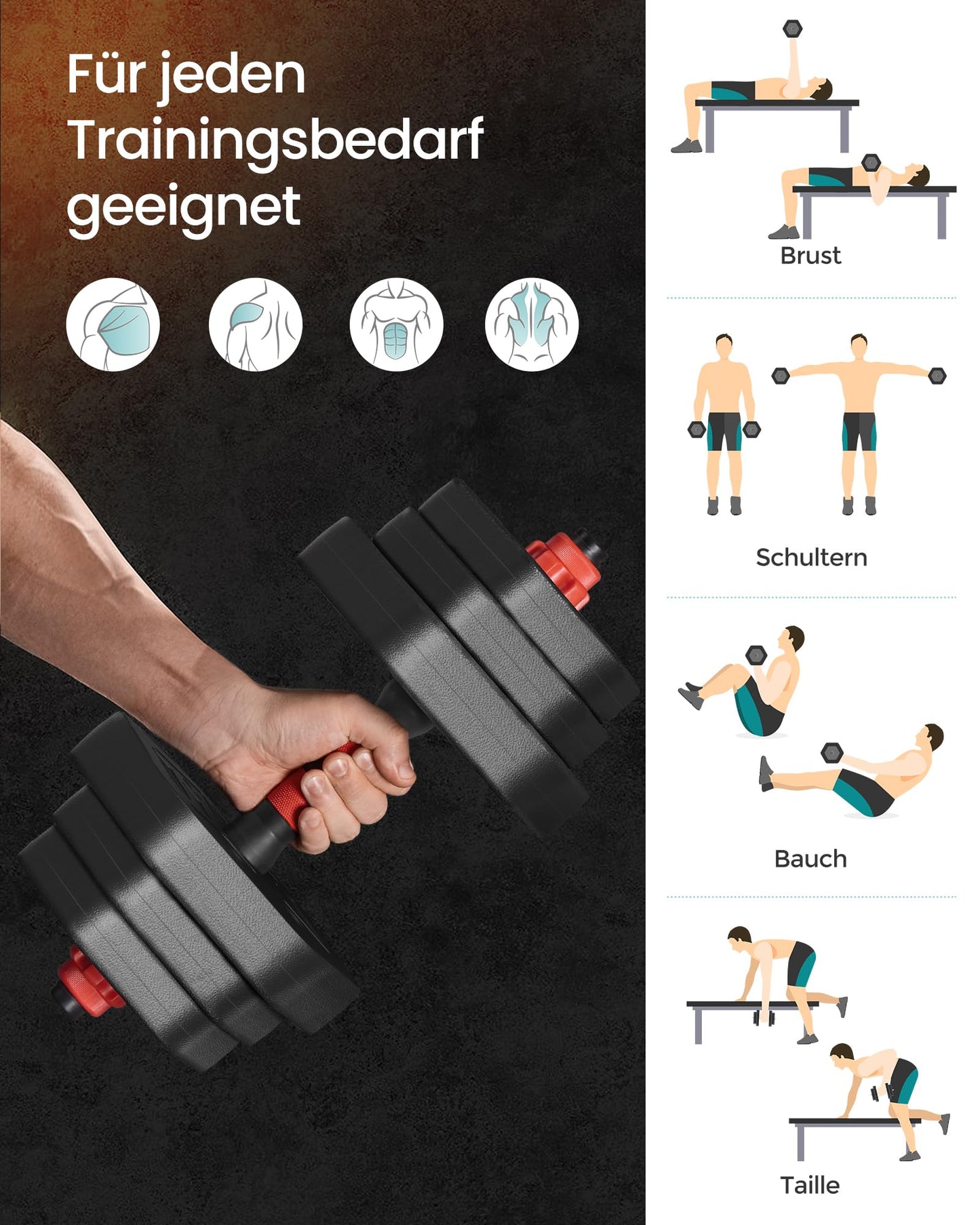 SONGMICS dumbbell set, dumbbells with connecting rod, hexagon, dumbbell set, 10 kg, for workout, fitness training, weightlifting at home, gym, ink black SYL100B01