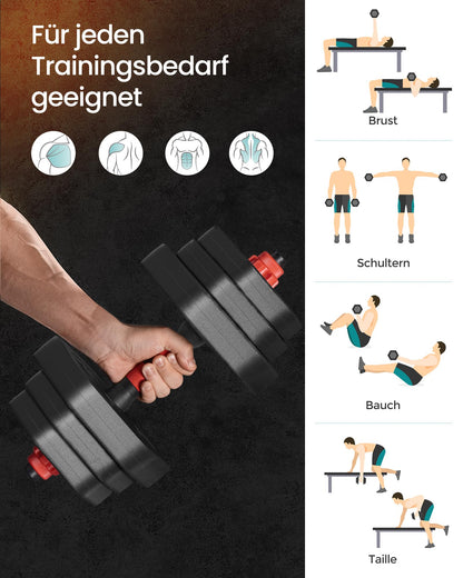 SONGMICS dumbbell set, dumbbells with connecting rod, hexagon, dumbbell set, 10 kg, for workout, fitness training, weightlifting at home, gym, ink black SYL100B01