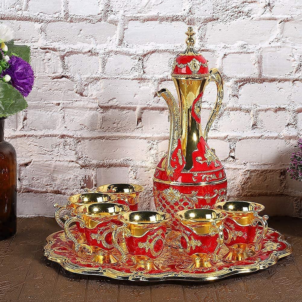 Turkish coffee set, 6-piece metal tea service with tray and gold decoration for traditional tea ceremony household accessories.