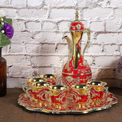 Turkish coffee set, 6-piece metal tea service with tray and gold decoration for traditional tea ceremony household accessories.