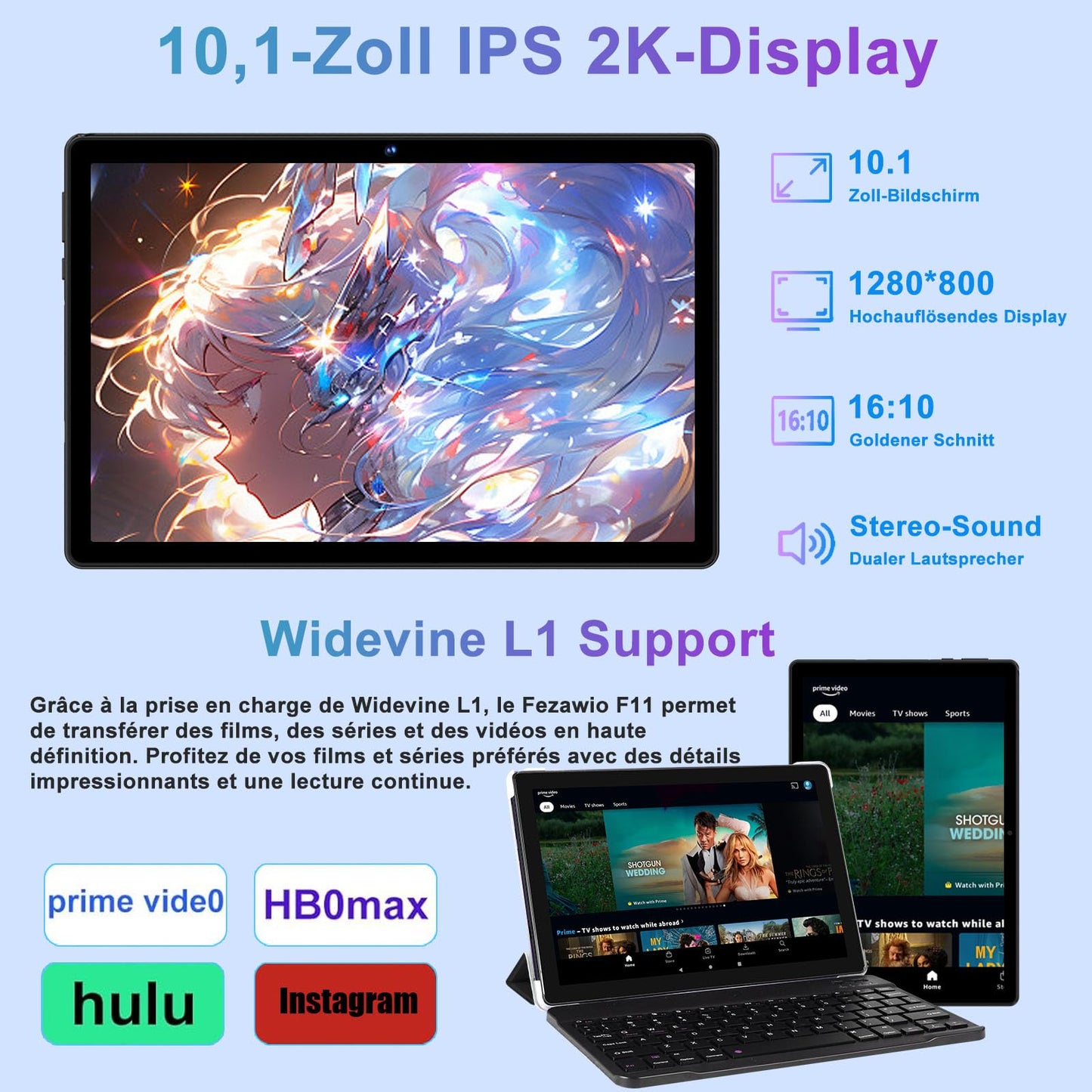 fezawio Android 14 Tablet 10 inch 20GB RAM+128GB ROM, Octa-Core Tablet WiFi 6, 6000mAh, (1TB TF) with Keyboard and Mouse-black