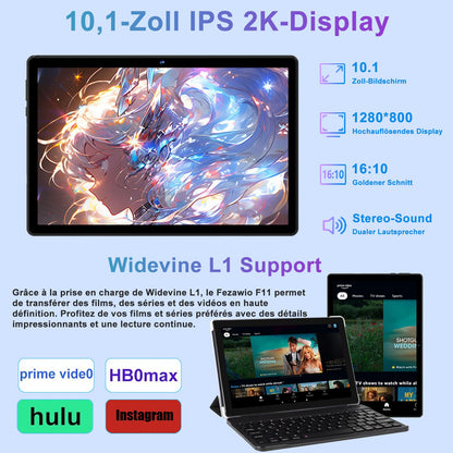 fezawio Android 14 Tablet 10 inch 20GB RAM+128GB ROM, Octa-Core Tablet WiFi 6, 6000mAh, (1TB TF) with Keyboard and Mouse-black