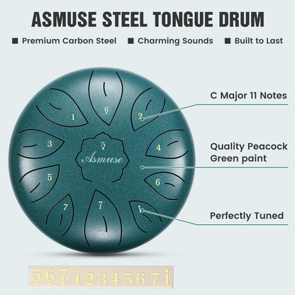 Asmuse 10" 11 Tone C Major Steel Tongue Drum, Handpan Drum for Meditation, Entertainment, Concerts, Yoga, with Carry Bag.