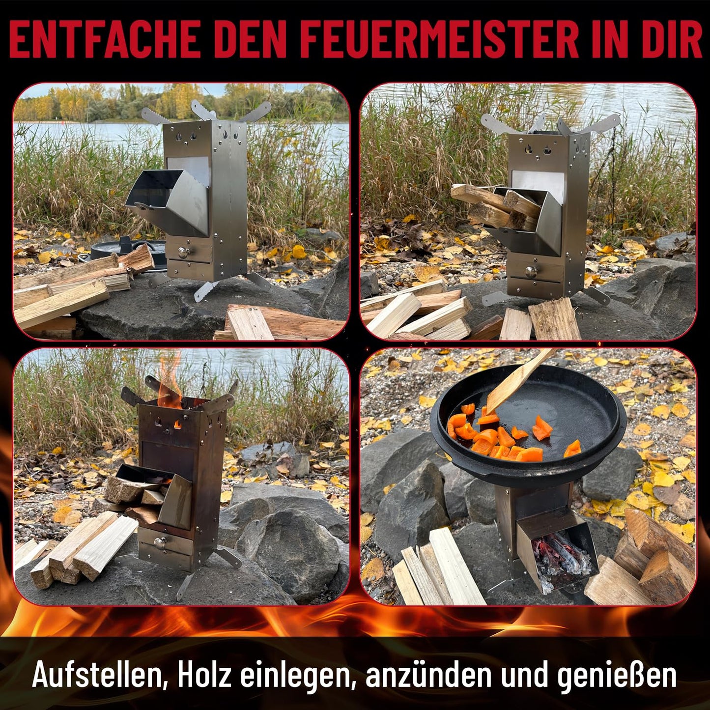 Zentorno Rocket Stove 2023 with carrying bag | Outdoor stainless steel wood stove [rustproof] Camping stove for pans and pots with Ø 15-25cm | Rocket Stove, (WMCP06-SF4)