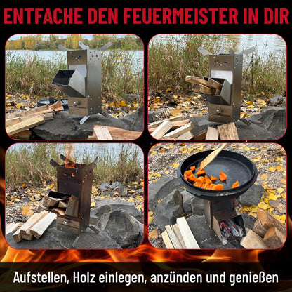 Zentorno Rocket Stove 2023 with carrying bag | Outdoor stainless steel wood stove [rustproof] Camping stove for pans and pots with Ø 15-25cm | Rocket Stove, (WMCP06-SF4)