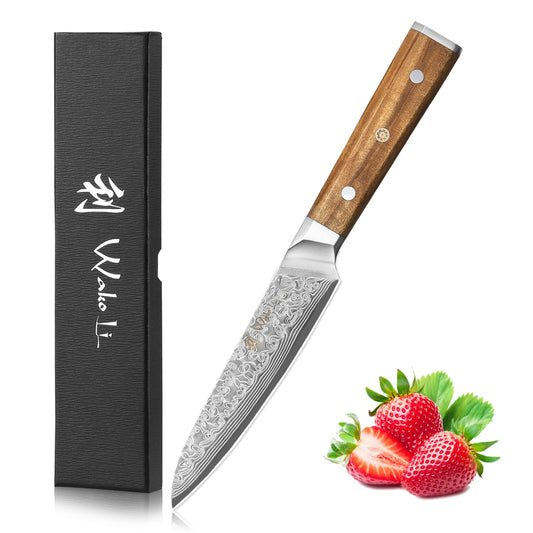 Wakoli Oribu Damascus Kitchen Knife Full Tang with 12.5 cm Blade - Herb knife made of 67 layers of Damascus steel with VG-10 core, knife with olive wood handle in gift box - Knife sharp chef's knife