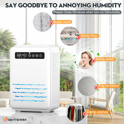 Updated dehumidifier (remote control) for bedroom, 2.8L water tank, 75m², quiet, small dehumidifier for basement, home, bathroom with auto shutdown, LED light in 7 colors.