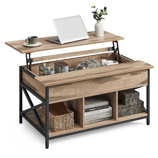 VASAGLE Coffee Table, Adjustable Living Room Table, Open and Hidden Storage, X-Shaped Design, 60 x 100 x (48-62) cm, Camel Brown-Black LCT205K50