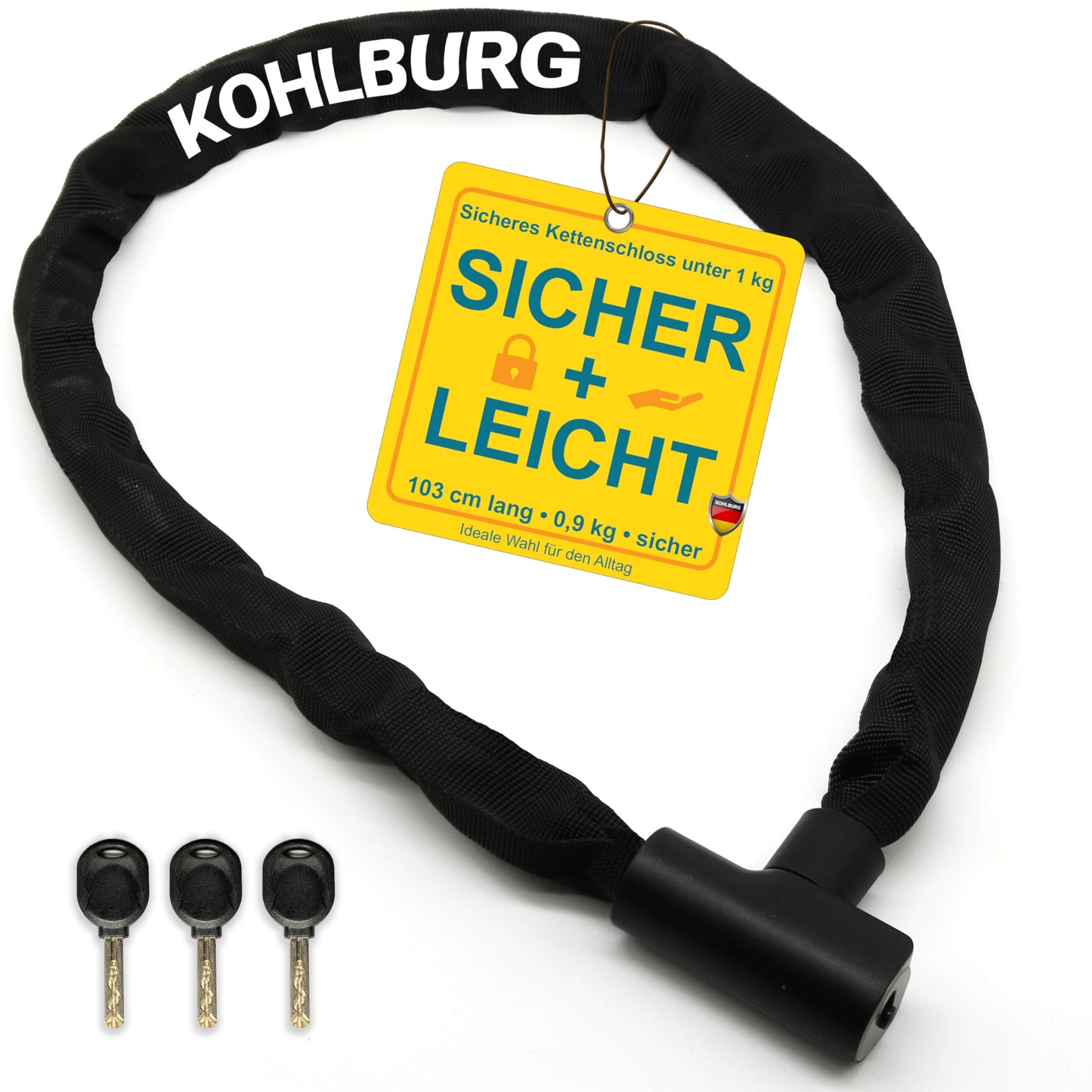 KOHLBURG chain lock bike [103cm long, 6mm thick titanium steel chain] - clickable bike lock with key [3x] also usable as e scooter lock & e bike lock - high security bike lock