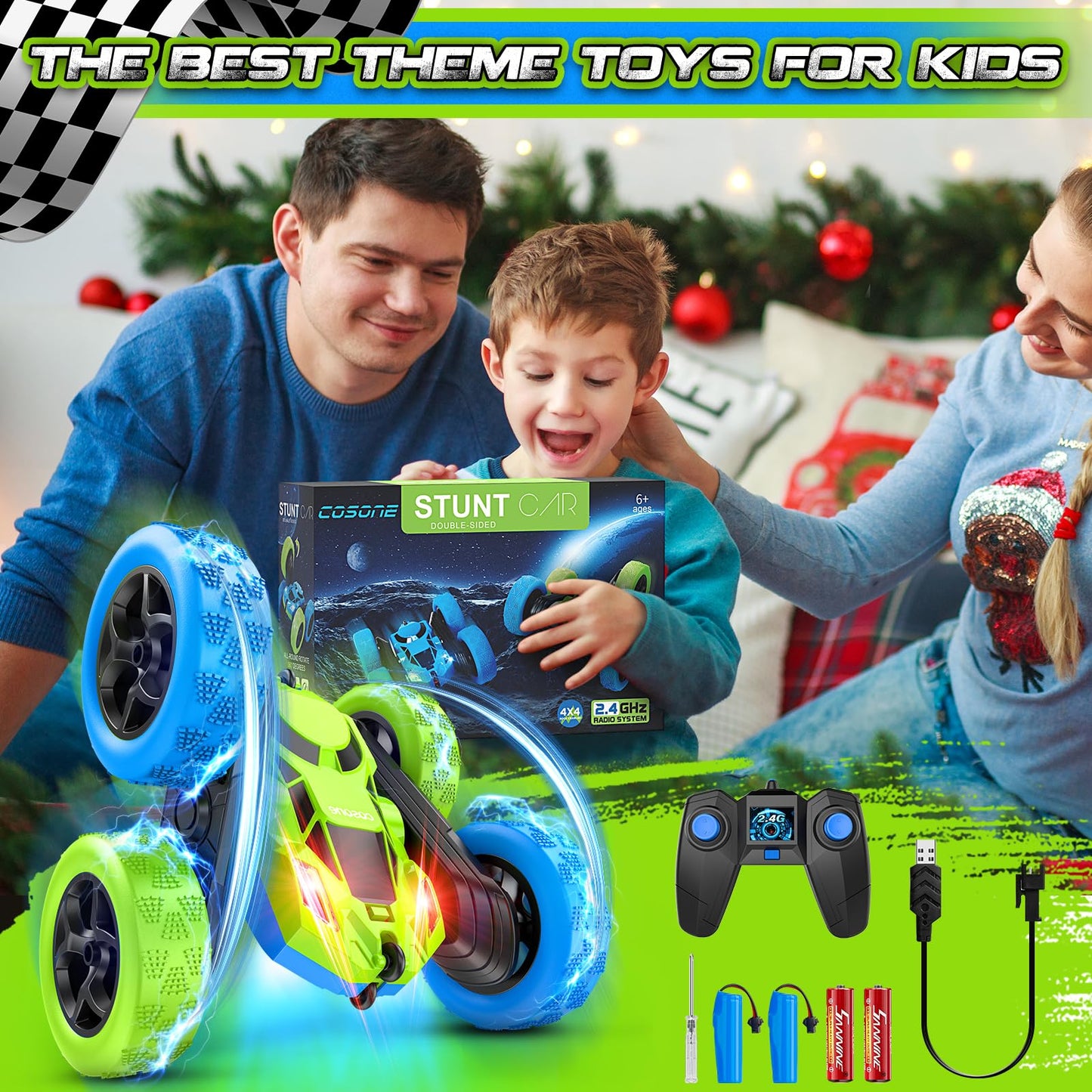Cosone Remote Control Cars, 2.4GHz Remote Controlled Car Toy with headlights, All-wheel Drive Off-road Stunt Car, Double-sided 360° Rotation, Birthday Gifts for Boys 6+ years old (Blue-Green)