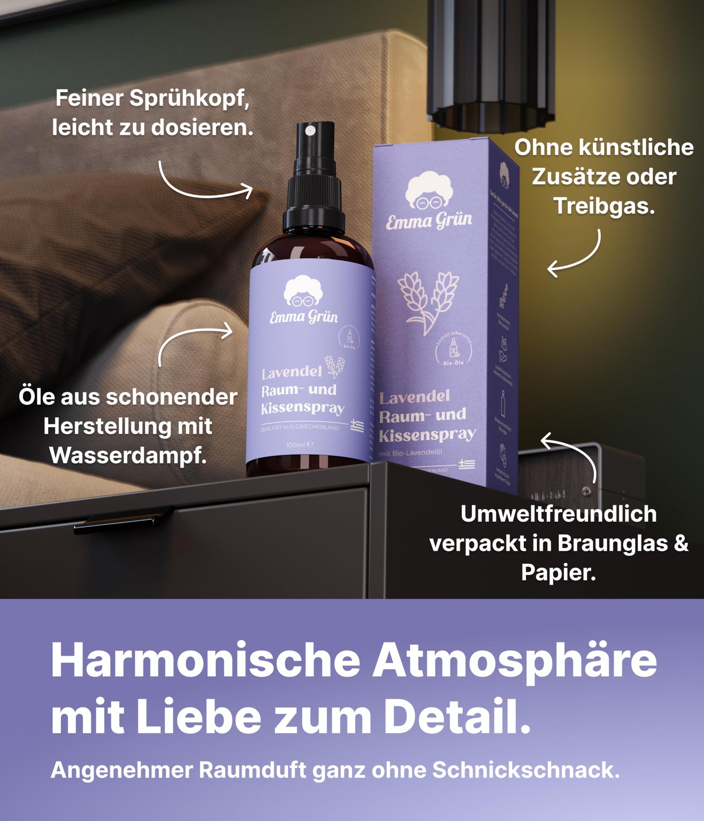Emma Green® Lavender Spray & Pillow Spray 3x 100ml [ORGANIC QUALITY] - Lavender spray for pillows - With pure Lavandula Angustifolia - Lavender pillow spray for falling asleep - Lavender oil spray