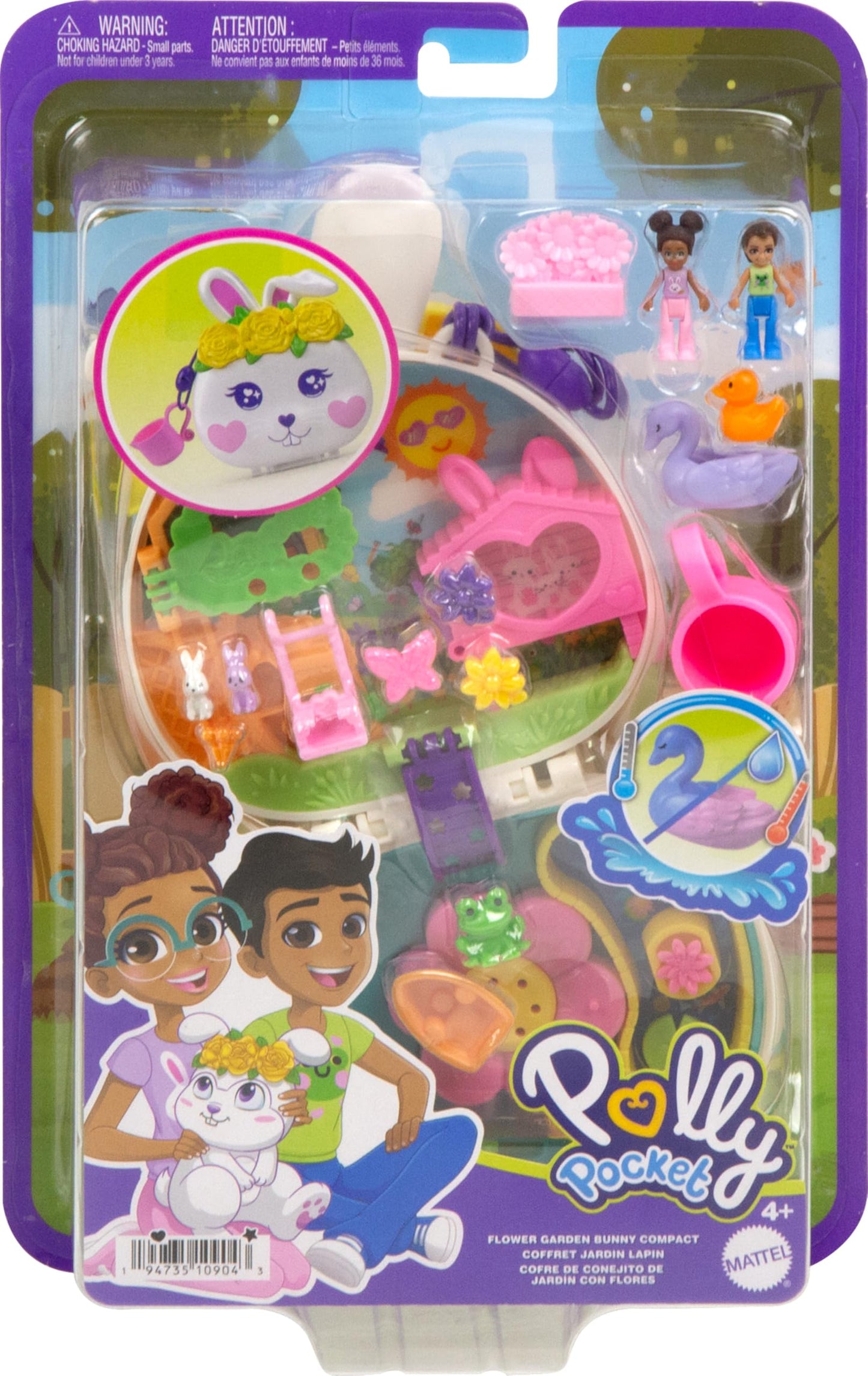 Polly Pocket Flower Bunny Compact - Playset with water fun and color change effect, 2 dolls, 12 accessories, and 5 features, for kids ages 4 and up, HKV36