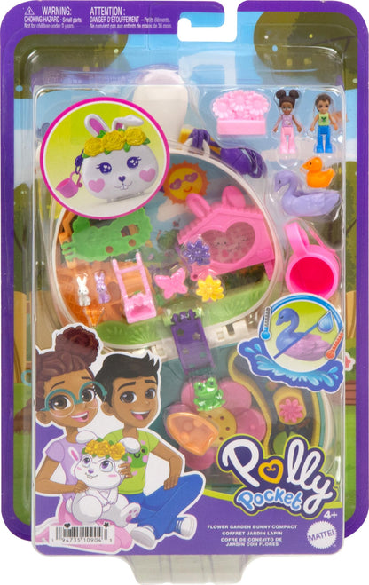 Polly Pocket Flower Bunny Compact - Playset with water fun and color change effect, 2 dolls, 12 accessories, and 5 features, for kids ages 4 and up, HKV36