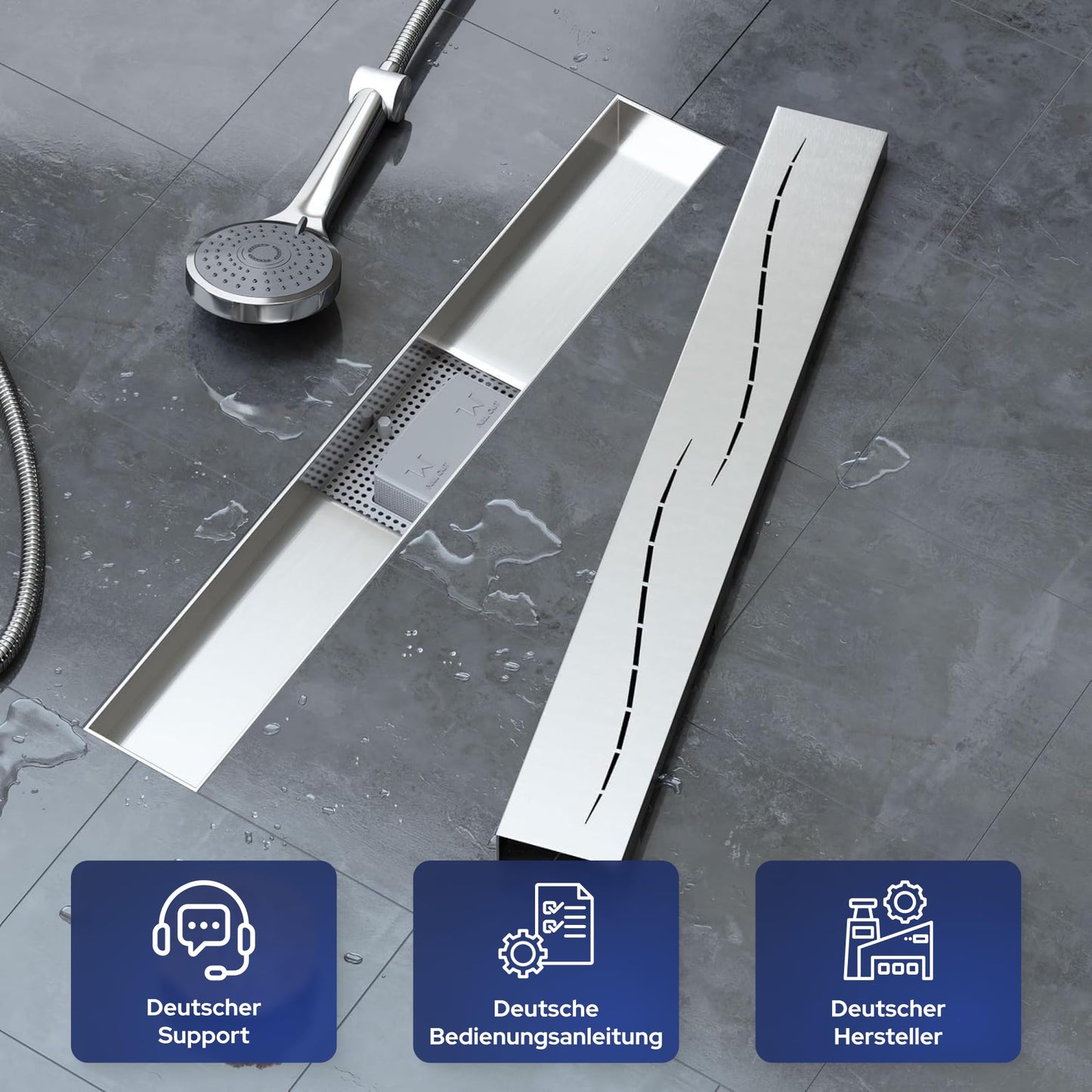 VILSTEIN Shower Drain 50cm, Stainless Steel Floor Drain Complete Set, extra flat, Siphon with odor trap, Hair Sieve - Wave