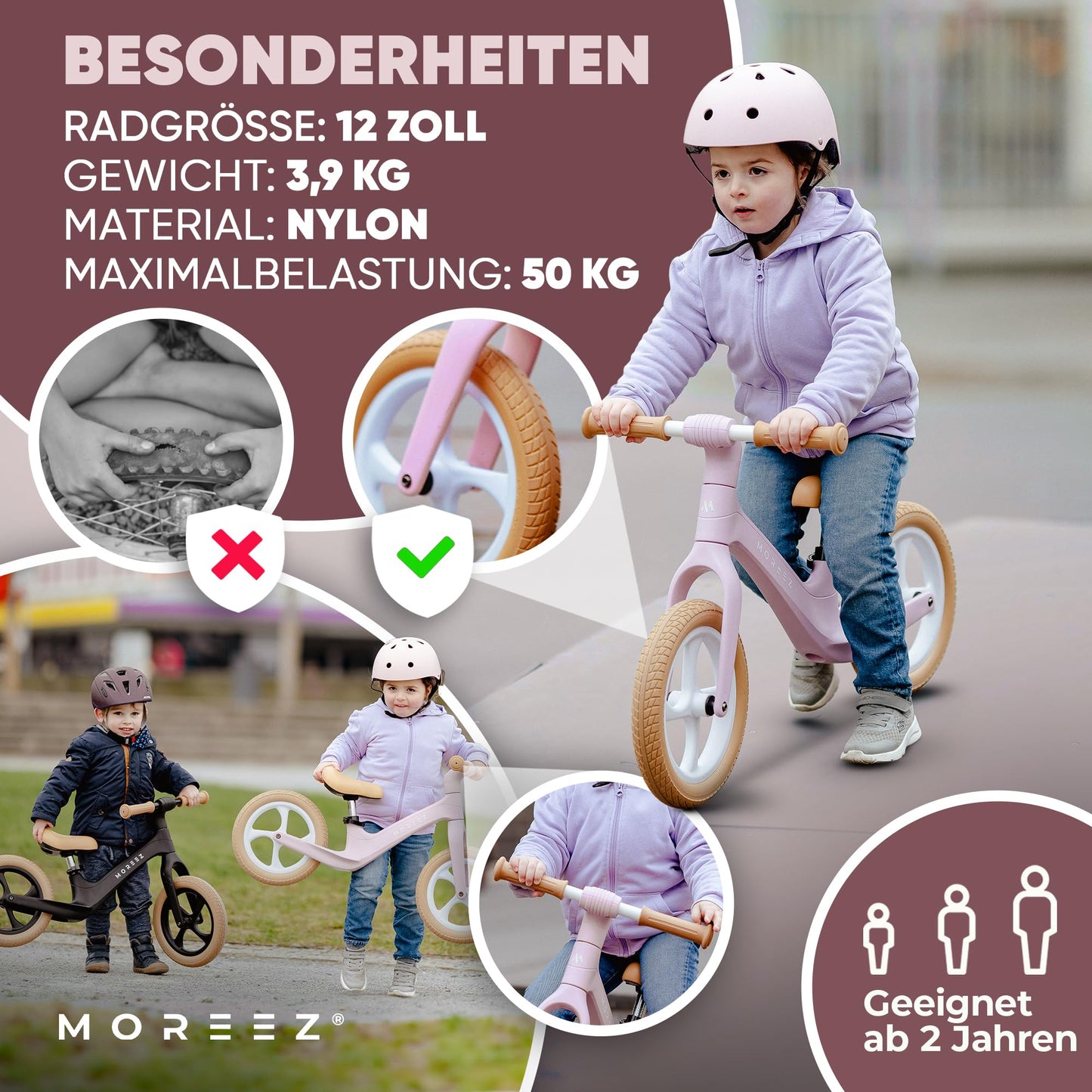 MOREEZ® Balance Bike for 2 years and up [2-5 years]. Ultra-light kids' bike with crash protection, ergonomic seat, 50kg puncture-proof 12-inch wheels, footrest, adjustable height. For girls and boys in pink.