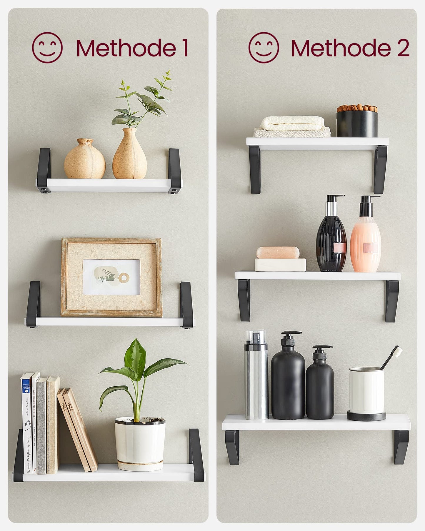 VASAGLE Wall Shelf, Floating Shelf, Set of 3, Shelf Board, 2 Mounting Options, 30/35/40 cm, for Living Room, Kitchen, Home Office, Bathroom, White-Matte Black LWS033B14
