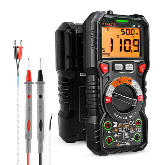 KAIWEETS Digital Multimeter with LED jacks, True RMS Auto-Range 6000 Counts, measures voltage, capacitance, temperature, resistance for electricians.