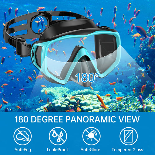 JEMULICE Adult Snorkel Set, with diving mask and dry snorkel for men and women, anti-leak & anti-fog tempered glass mask for diving, snorkeling, and swimming.