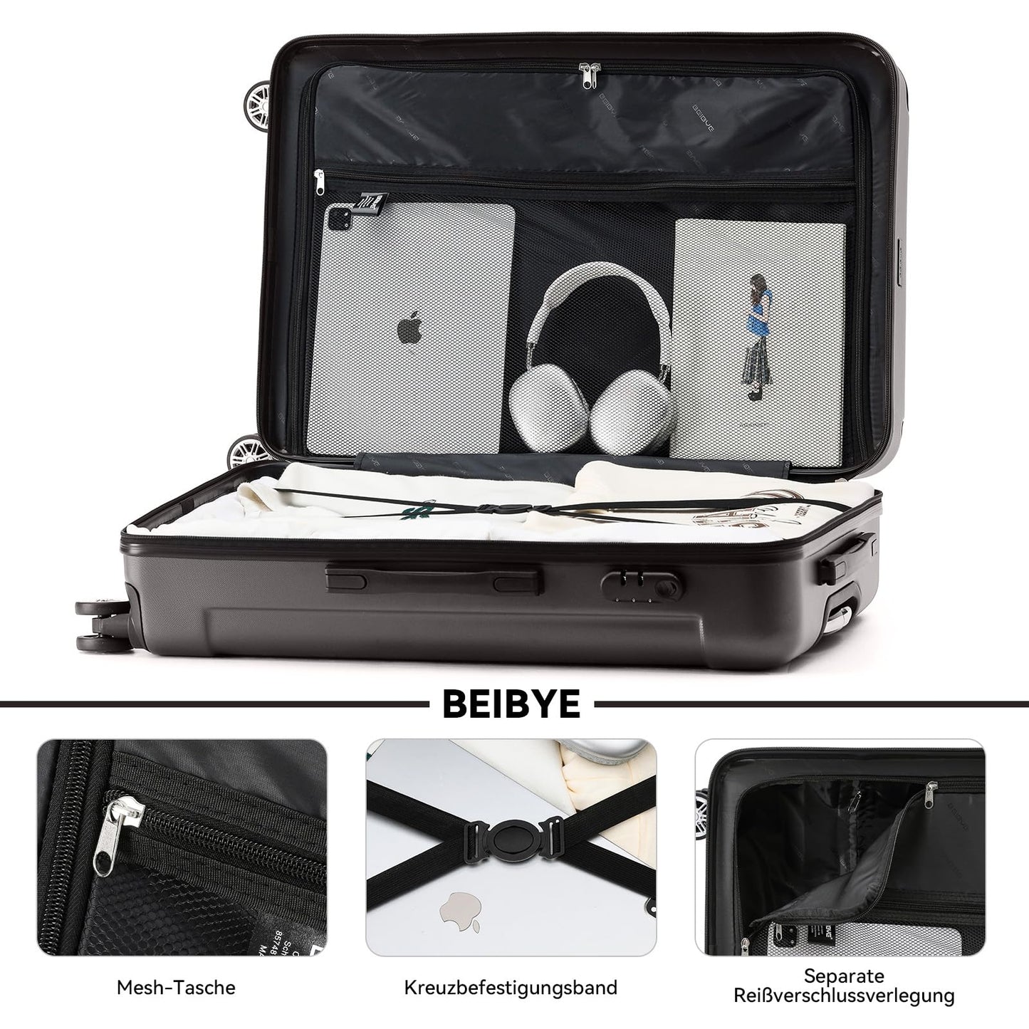 BEIBYE hard shell suitcase trolley suitcase roller suitcase travel suitcase combination lock 4 twin wheels (Coffee, suitcase set)
