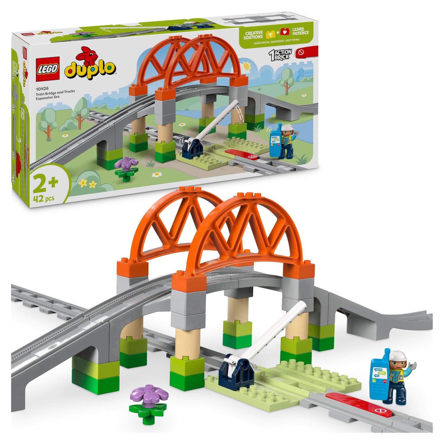 LEGO DUPLO Train Bridge and Tracks Expansion Set - Educational toy for toddlers - includes 8 track pieces, bridge, gate & action brick - Gift for boys & girls aged 2+ - 10426