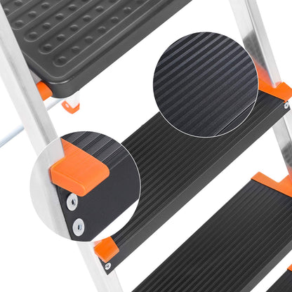 SONGMICS 4-step ladder, aluminum ladder, 12 cm wide steps with ridges, anti-slip feet, with handrail, tool tray, supports up to 150 kg, black-orange GLT04BK