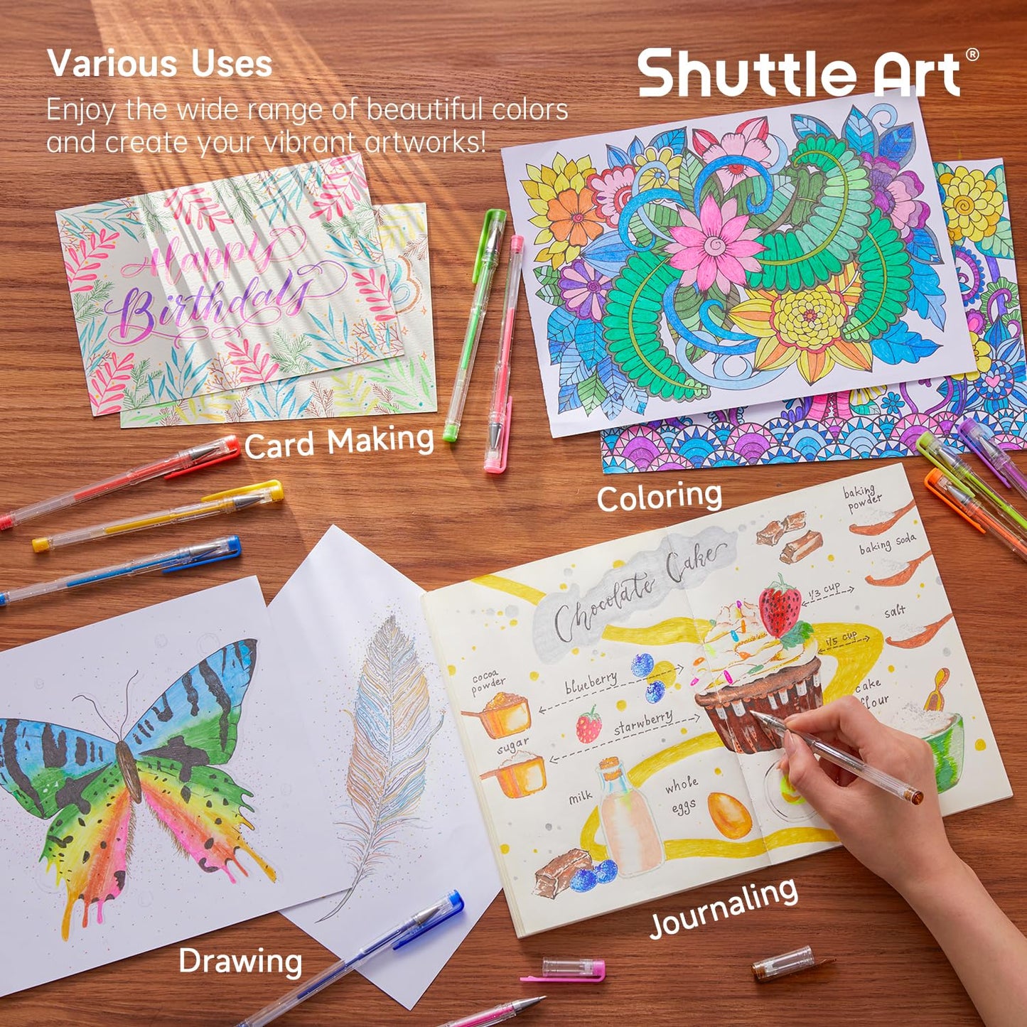 Shuttle Art Glitter Gel Pens, 240-piece gel pen set with 120 colorful glitter gel pens and 120 replacement refills, for adults and kids on coloring books for highlighting, drawing, writing.