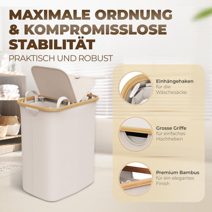 Laundry basket 150L with 2 lids and 2 compartments - Foldable laundry collector made of bamboo fabric Beige - Laundry box, laundry chest, laundry container, laundry separator for bathroom, bedroom & laundry room.