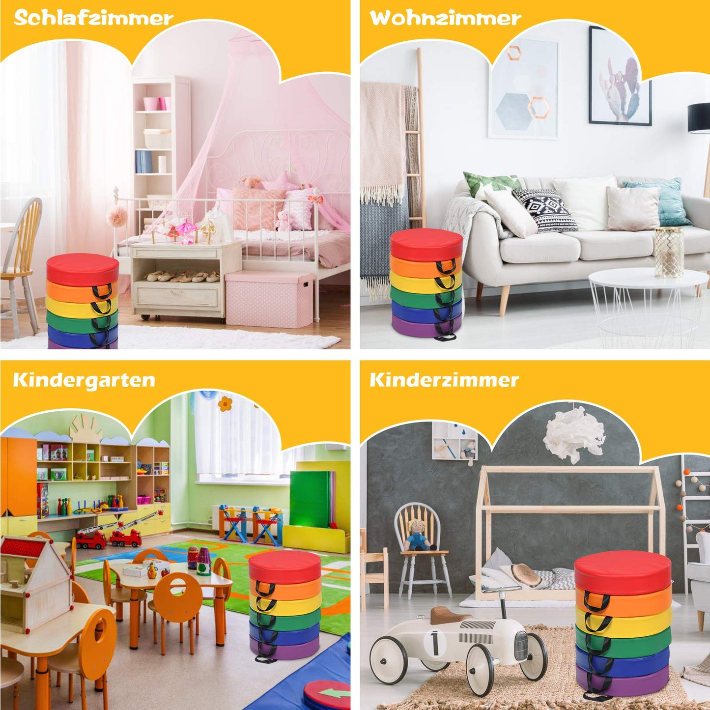 COSTWAY 6 Piece Kids Chair Cushion Set with Handle, Floor Cushions with Zipper, Seat Cushions Multicolored, Booster Seat Cushion for Children's Room and Preschool (Round, Colorful)