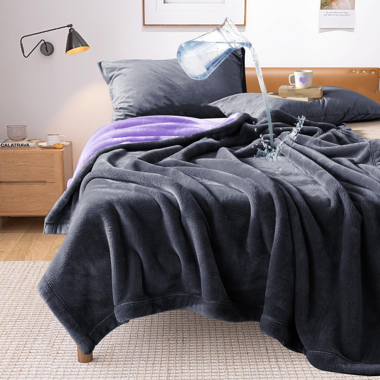 YISURE waterproof blanket Grey 200x150 cm for adults, Washable Grey and Purple Blankets for Sofa Couples Intimacy, Queen Size Reversible Leak-Proof Protective Cover Couch-Bed Cover