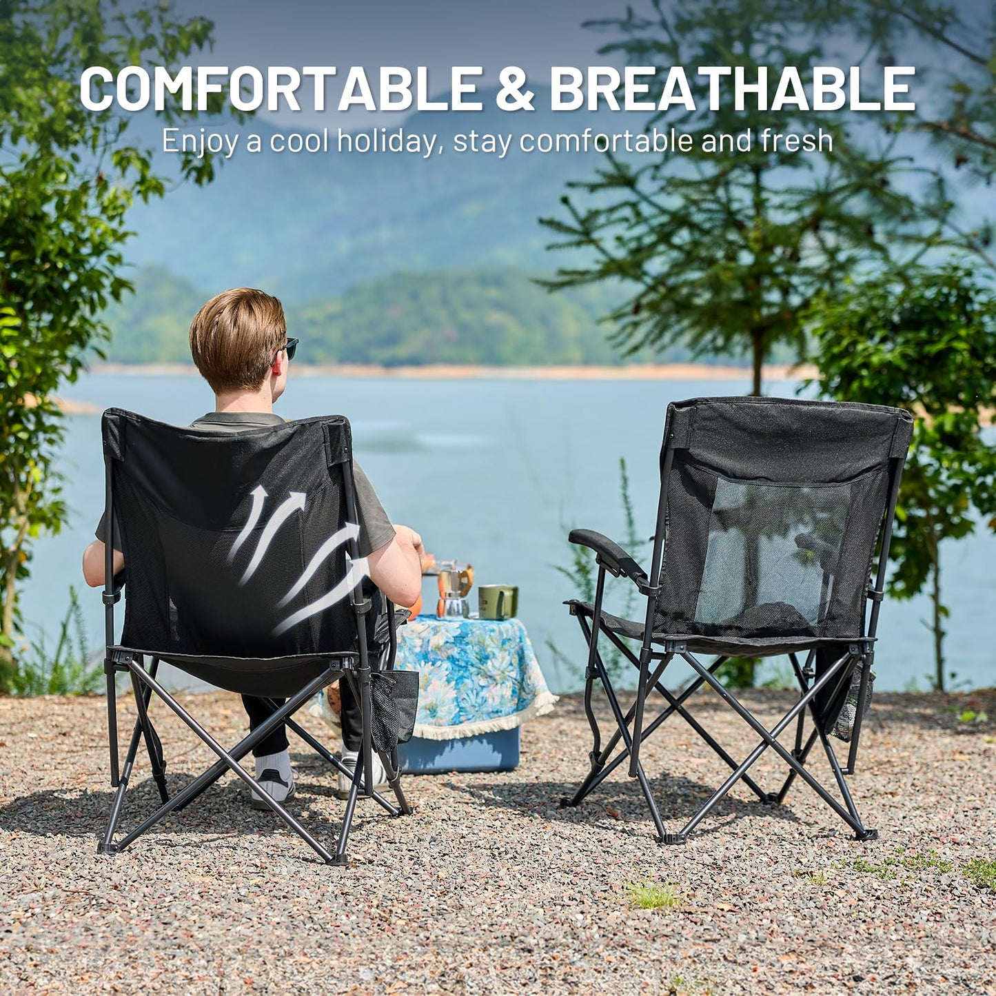 TIMBER RIDGE Folding Camping Chair Lightweight Portable Chair 150kg Capacity High Back and Mesh Back Outdoor Comfortable, Portable Beach Chair for Festival, Fishing, Garden, Picnic, Dining Area
