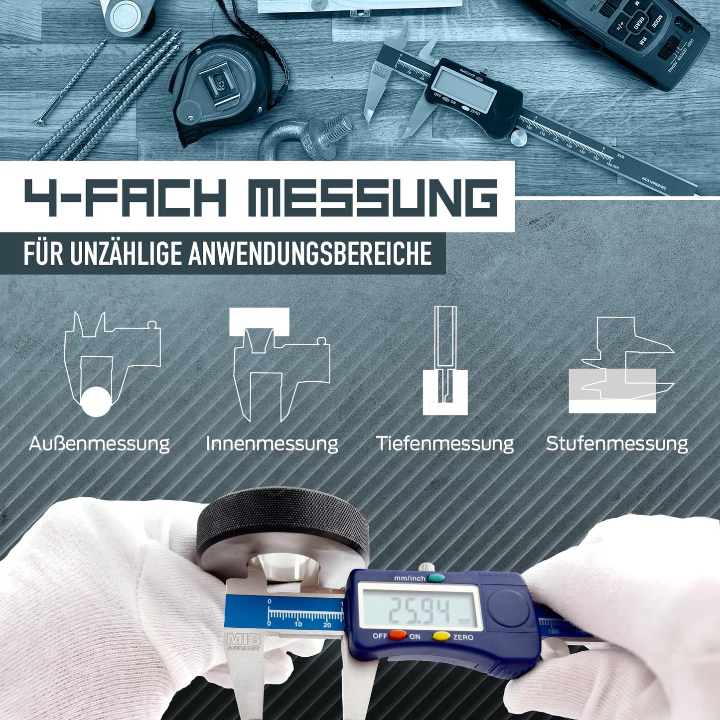 MIB Digital Caliper with Wheel DIN 862 300mm | Tool for precise measurements | Digital caliper made of stainless steel | Digital sliding caliper with large LCD display | 4-way measurement
