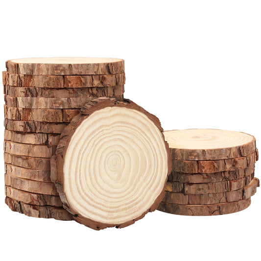 Kurtzy Unfinished Natural Wood Slices (20 pcs) 12-14 cm diameter, 10 mm thick - Rustic Smooth Wooden Discs for crafting with bark - For art, DIY, as wood slice decor & Christmas ornaments