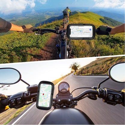 Waterproof bicycle phone mount with 360° rotatable design fits 4.7-7 inch smartphones. Includes rain cover for protection. Ideal for motorcycle or bike handlebars.