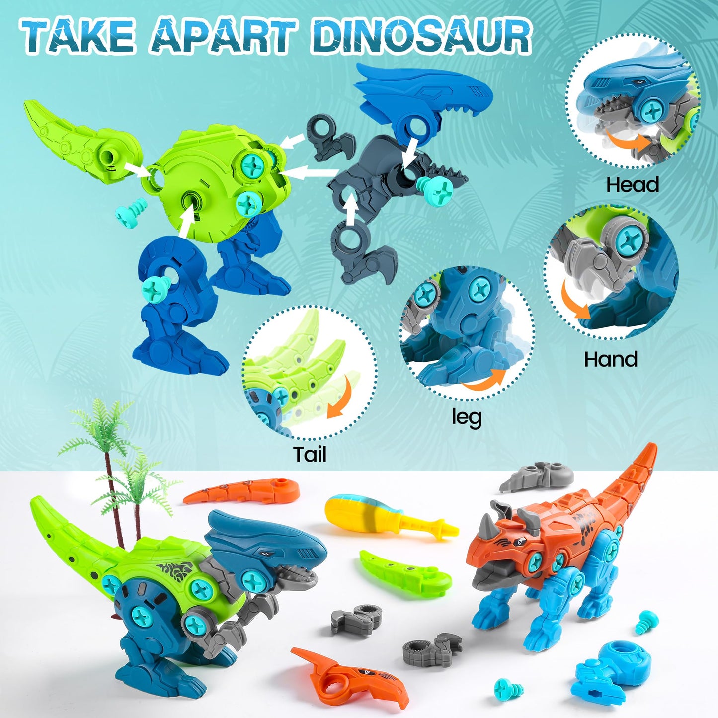 Glow in the dark Dinosaur Toy for ages 3 and up, Dinosaur figures and assembly Dino toys, Kids’ toy, Gift for boys girls, Storage box & play mat