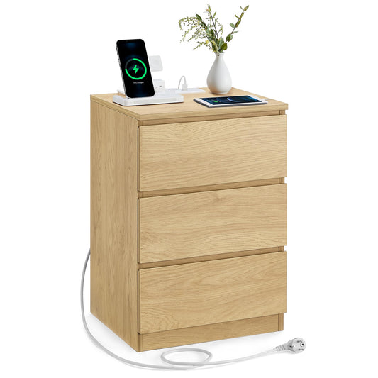 VASAGLE Kailyn Collection - Nightstand with Power Strip, Side Table, 3 Drawers, 2 AC Outlets, 2 USB-A Ports, Modern, Straw Yellow LET631Y70