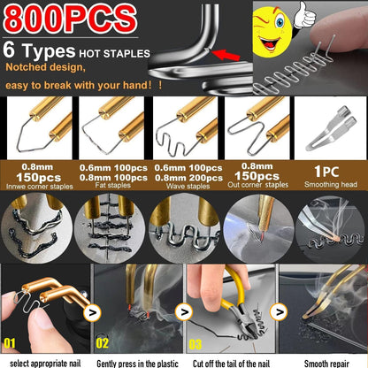 220W Plastic Welder 2-in-1 Car Plastic Repair Kit with 800PCS 6 Types Welding Staples & 2pcs Welding Rods, Plastic Welding Car Plastic Repair Kit for repairing car bumpers