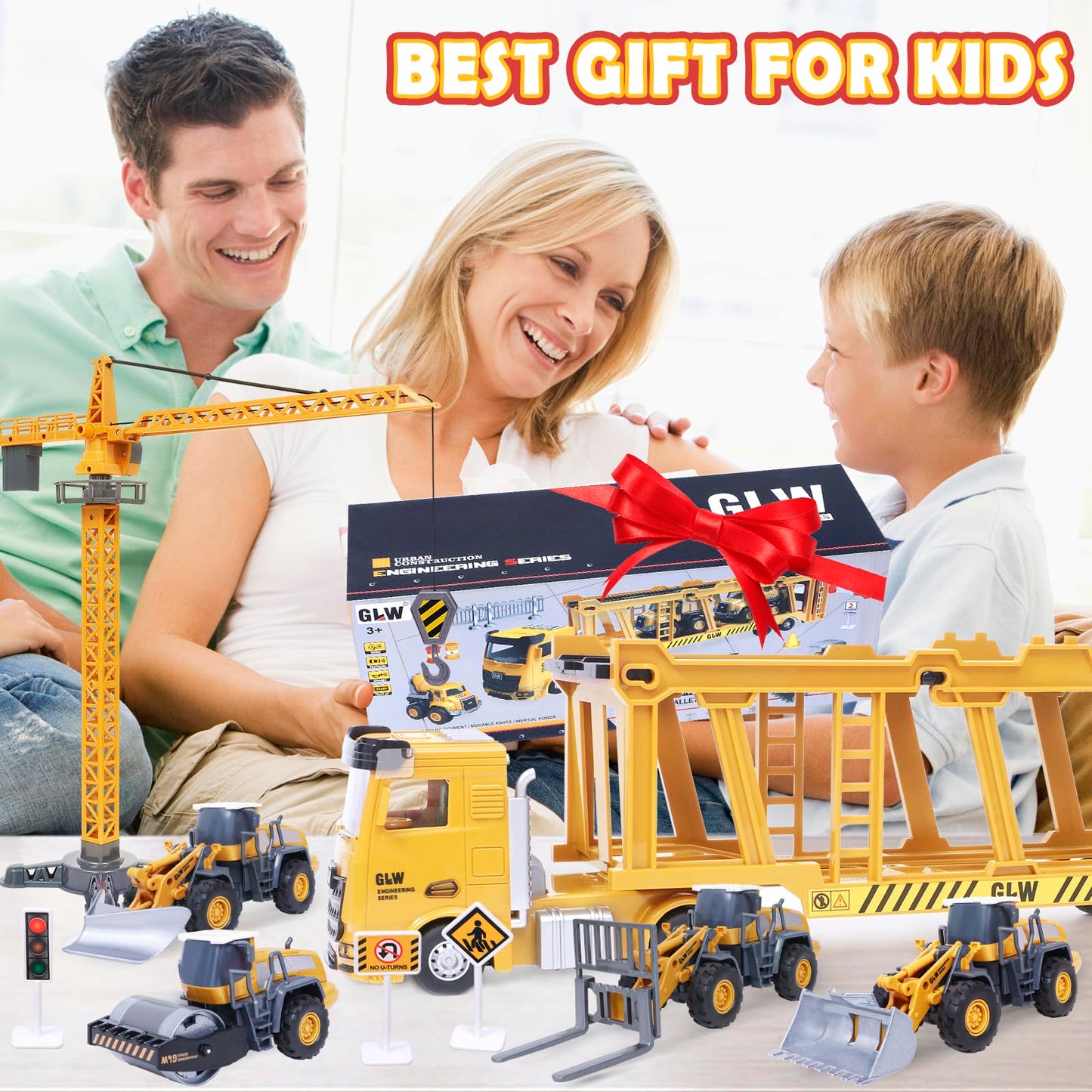 Tacobear Construction Vehicles for Kids Large Truck Vehicle Toy Gifts for 3 4 5 6 7 Year Old Boys with Crane Toy Bulldozer Steamroller Forklift Construction Vehicles Birthday Gift Ideas Boys
