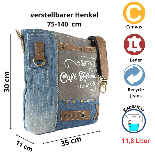 Sunsa women's shoulder bag. Crossbody bag made of canvas recycled jeans & leather. Large vintage sustainable grey handbag as gift ideas for women/girls.