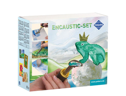 Pebaro 0279 Gift Set Encaustic incl. iron, mini iron, writing tip, brass brush, 7 wax blocks, 5 white cards in DIN A5 and DIN A6 for painting, drawing, writing with wax colors, 23 x 19 cm.