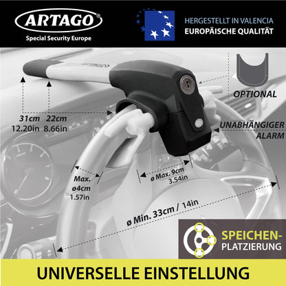 ARTAGO 870 High-quality steering wheel lock, 2in1 steering lock with/without alarm Don't Touch 120dB+LED, steering wheel lock. Secure and deterrent around the steering wheel spoke, best anti-theft protection for cars.