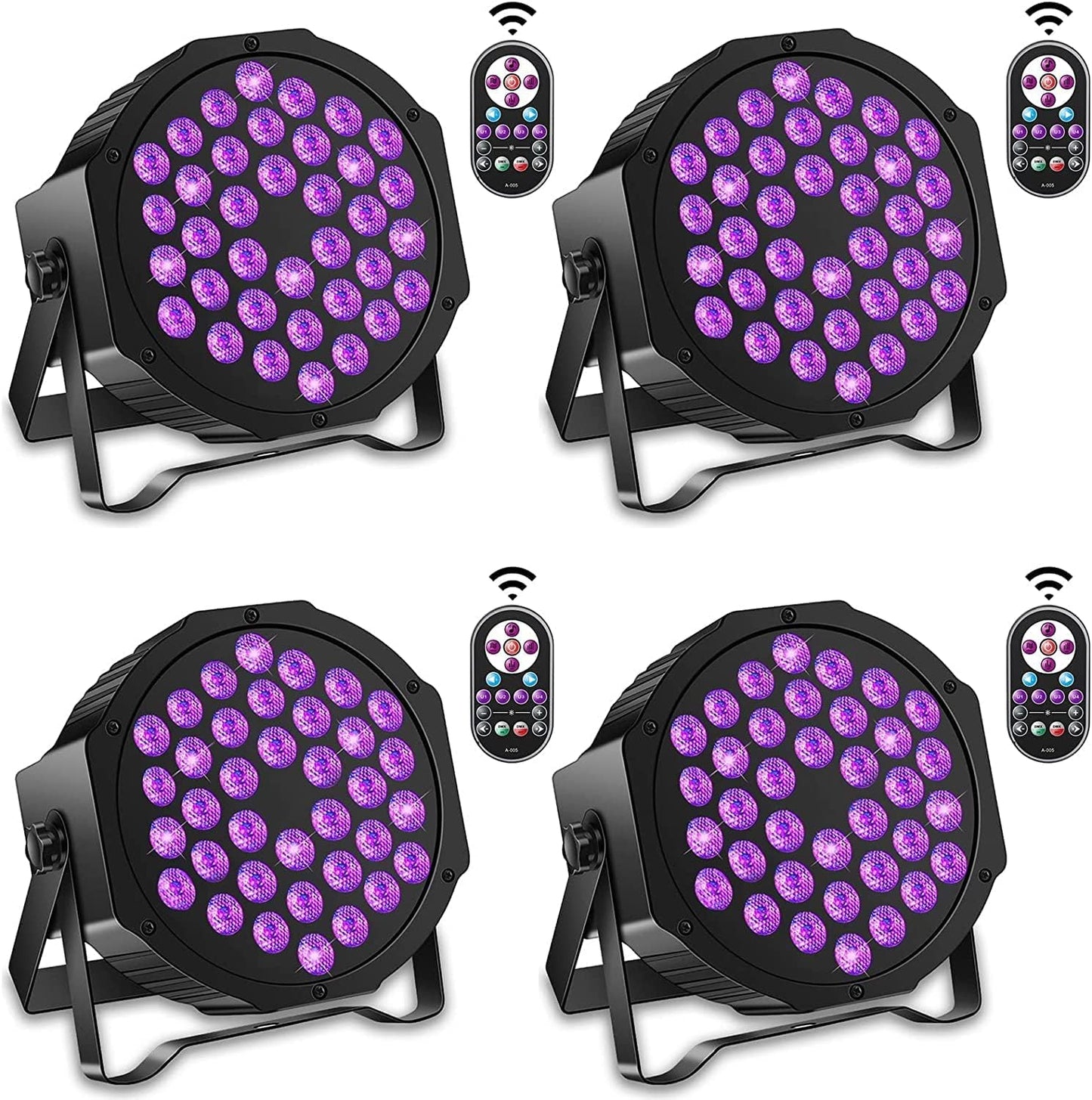 4 Blacklight UV Par Lights 36 LED DMX512 with remote control black light lamp with color changing via sound/auto disco light for DJ party bar Halloween wedding artistic photos.