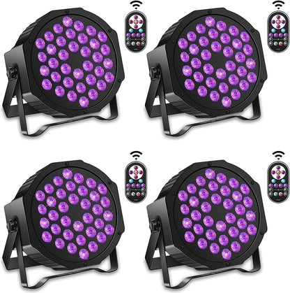 4 Blacklight UV Par Lights 36 LED DMX512 with remote control black light lamp with color changing via sound/auto disco light for DJ party bar Halloween wedding artistic photos.